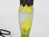 a yellow and blue glass vase with a black top