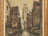 an image of a painting of a city street with a church in the background