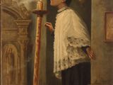 painting of a man in a white robe standing next to a tall pole