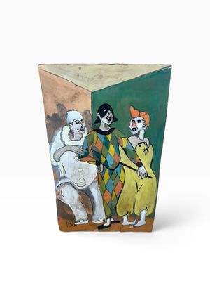 painting of three clowns sitting on a bench in front of a green wall