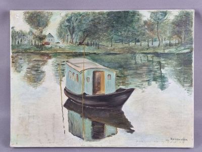 a painting of a boat on the water with trees in the background