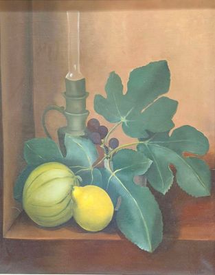 une peinture représentant une nature morte avec des fruits et une bougie