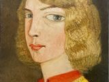 tableau représentant une femme aux cheveux blonds portant une chemise à col rouge