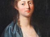 portrait of a woman in a blue jacket and white dress in a gold frame