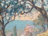 un tableau représentant des arbres sur une colline, avec un lac en arrière-plan