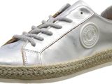 silver leather sneaker with espadding and laces on a white background