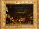 painting of a woman milking a cow in a barn with other people and animals