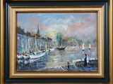 an oil painting of a harbor scene with sailboats in the water