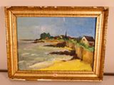 une peinture à l'huile représentant une scène de plage avec des maisons au bord de l'eau