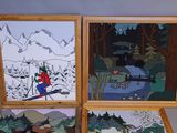 three pictures of a person skiing in the woods