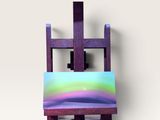 peinture violette et verte posée sur un chevalet en bois, sur fond blanc