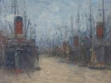 tableau représentant un port avec des bateaux sur l'eau