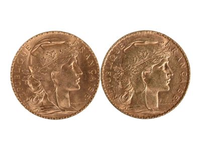 Deux pièces de vingt francs or au coq, 1907. Usures. - Photo 1