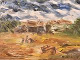 an oil painting of a farm scene with a barn and a plow