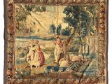 une tapisserie représentant une femme et deux enfants dans un bateau