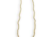 a close up of a necklace with gold beads on a white background