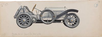 un vieux dessin représentant une voiture avec un volant, sur fond blanc
