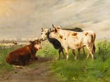 tableau représentant deux vaches et un veau dans un pâturage, avec une clôture en arrière-plan