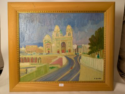 an image of a painting of a city street with a church in the background