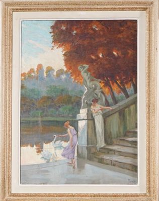 tableau représentant une femme nourrissant des cygnes sur un pont au bord d'un lac