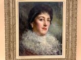painting of a woman in a white dress with a white collar