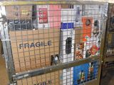 a cart with many boxes on it in a warehouse