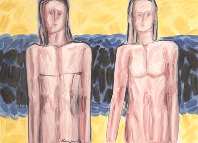 painting of two nudes standing next to each other in front of a blue and yellow background