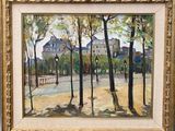 an oil painting of a park with trees and buildings in the background