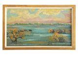 une peinture à l'huile représentant un paysage avec un lac au premier plan