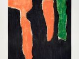 an image of a painting with orange, green and black colors
