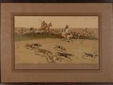 tableau représentant un groupe d'hommes à cheval poursuivant une meute de chiens
