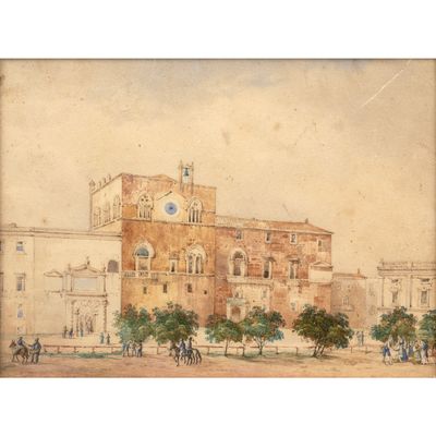 une image représentant une peinture d'un bâtiment sur la façade duquel figure une horloge