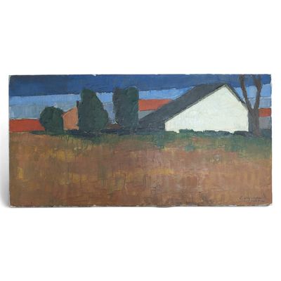 an image of a painting of a white house in a field