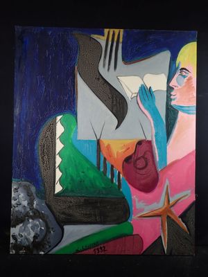 painting of a woman with a guitar and a starfish on a table