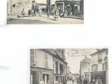 two old black and white photos of people walking down a street