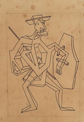 un vieux dessin représentant un homme avec une épée et un bouclier
