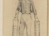 drawing of a man with a hat and a bag of luggage