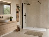 une grande salle de bains avec une douche à l'italienne à côté d'un lavabo