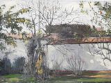 an oil painting of a white building with a red roof and trees