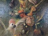 a picture of a painting of birds and flowers in a vase