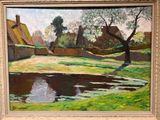 une image représentant un tableau d'un village avec un étang au premier plan