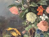 a painting of a bird sitting on a vase of flowers