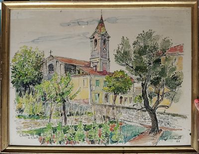 a painting of a building with a clock tower in the background
