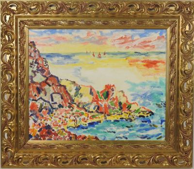 a painting of a rocky coast with a sailboat in the distance