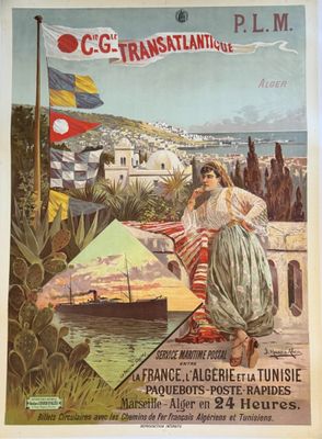 une vieille affiche de voyage française représentant une femme sur un bateau au milieu de l'eau
