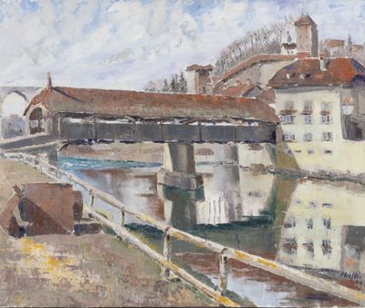 painting of a bridge over a body of water with buildings in the background