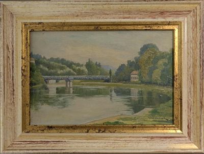 une image d'une peinture représentant un pont sur une rivière