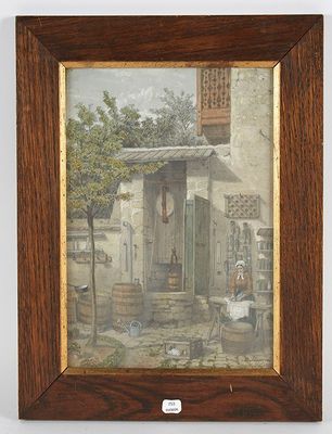 un vieux tableau représentant un homme devant une maison, avec un chien à côté