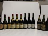 Des bouteilles de vin sont alignées sur une table devant un fond blanc.