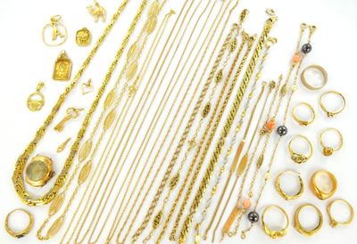 a lot of gold jewelry on a white surface